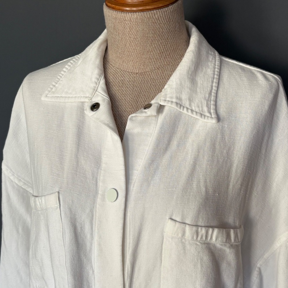 Massimo Dutti White Linen Blend Oversized Snap Shirt Jacket | Size Small |